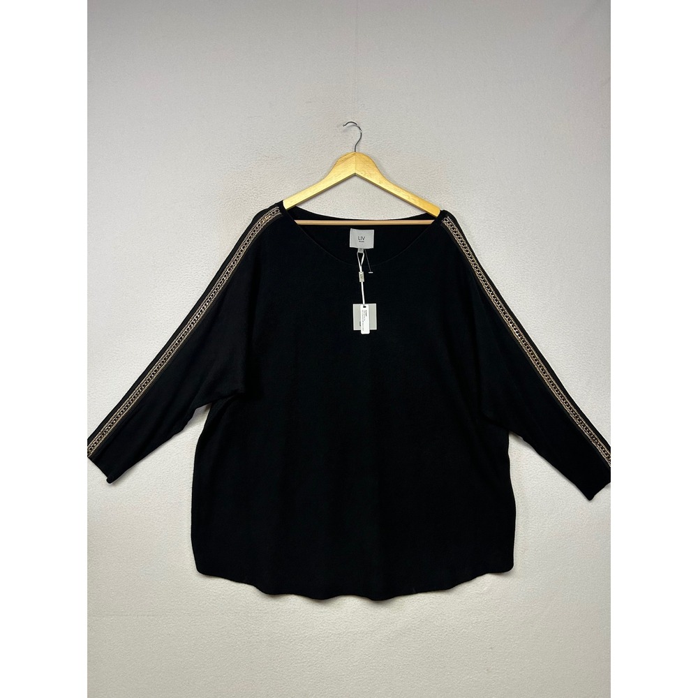 Chic Minimalist LIV Milano Womens 3X Black Gold Chain Trim V-Neck Knit Top